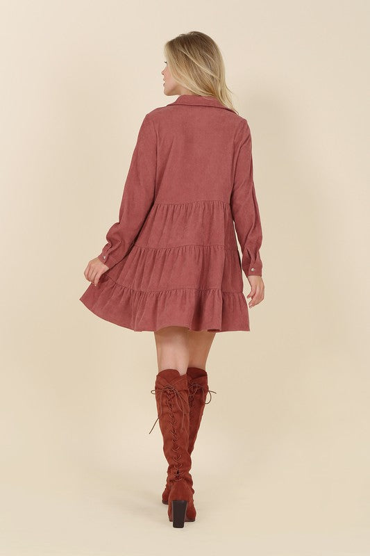 Lilou Long Sleeve Corduroy Tiered Collared Deep V-Neck Dress