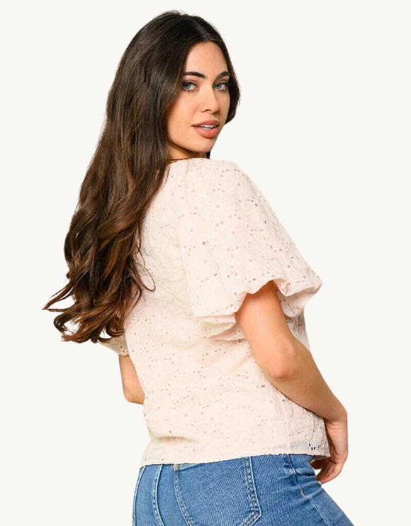 Puff Sleeve Eyelet Short Sleeve Top, Blush