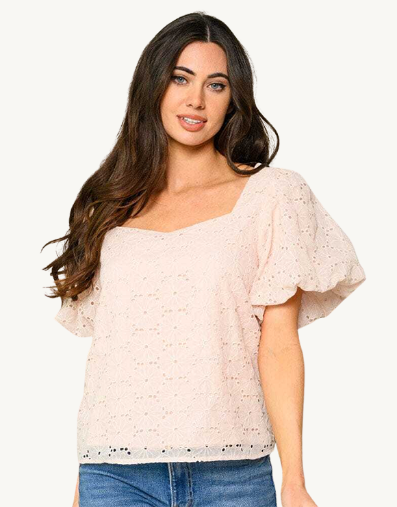 Puff Sleeve Eyelet Short Sleeve Top, Blush