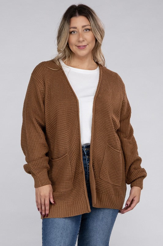 Plus Low Gauge Waffle Open Cardigan Sweater