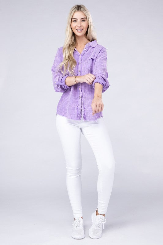 Zenana Washed Double Gauze Button Down Shirt