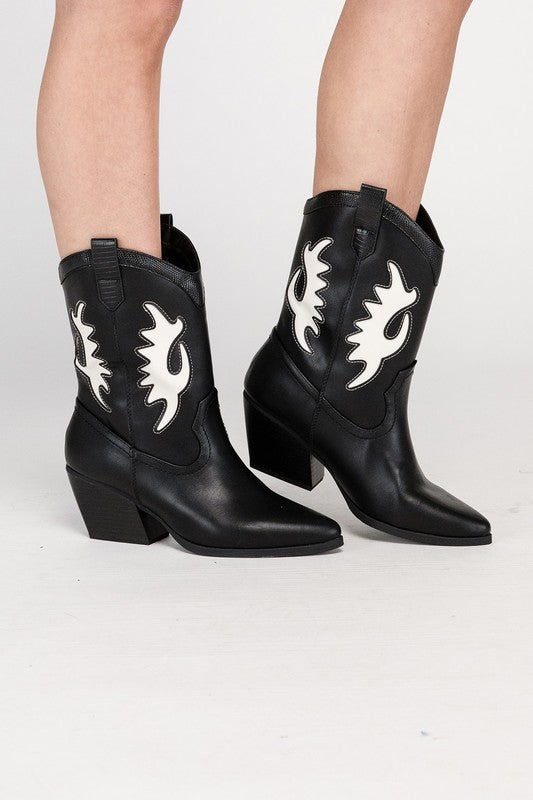 SODA GIGA Pointed Toe Cutout Design Pull-On Medium Heel Mid-Calf Western Boots