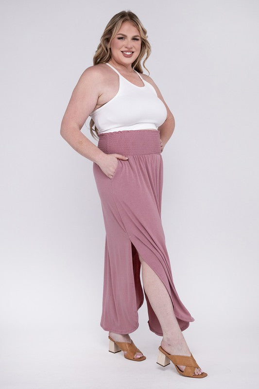 ZENANA Plus Smocked Waist Side Slit Maxi Skirt with Pockets