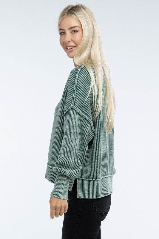 Zenana Washed Side Slit Oversized Cropped Sweater