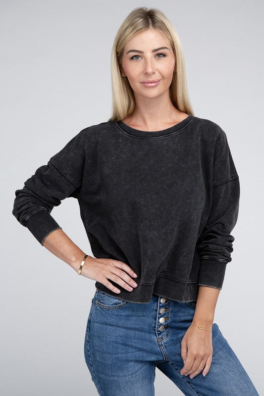 Zenana French Terry Acid Wash Boat Neck Pullover Sweatshirt