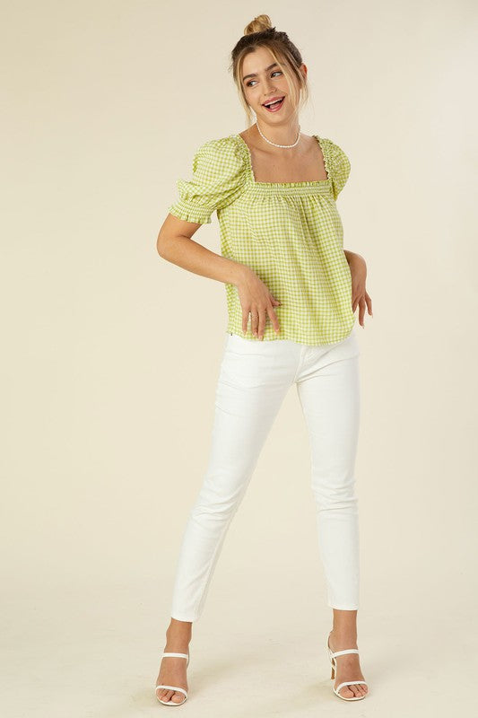 Gingham Check Smocked Blouse with Puff Sleeves, Green