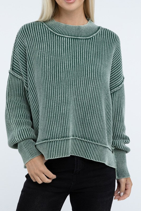 Zenana Washed Side Slit Oversized Cropped Sweater