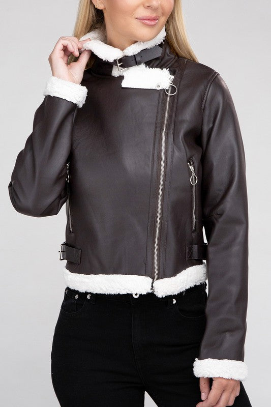 Plush Teddy Trimmed Faux Leather Jacket, Blackish-Brown