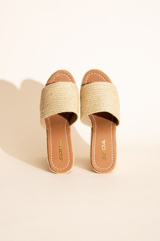 SODA Bounty Jute Raffia Open Toe Platform Slip-On Sandal Wedges, Natura;