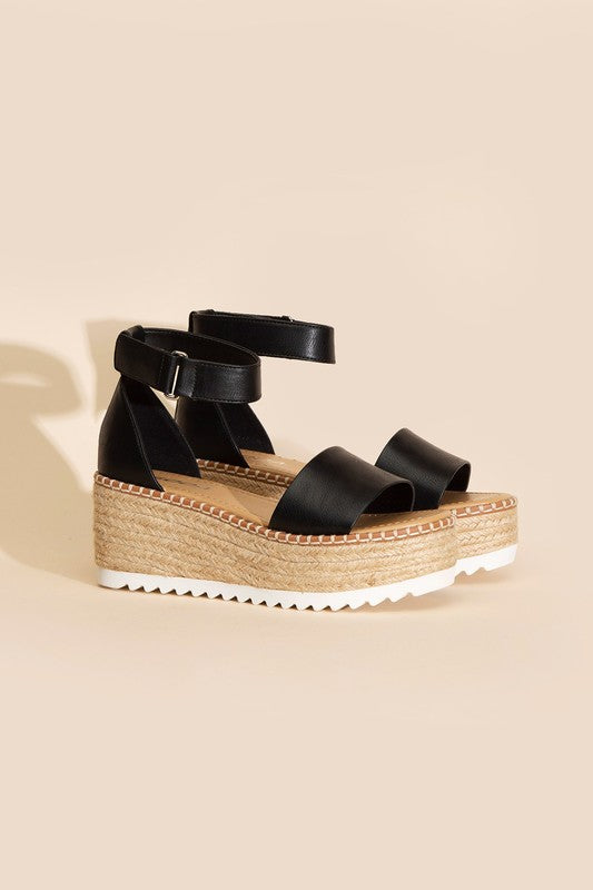 SODA Raffia Platform Sandal with Ankle Straps