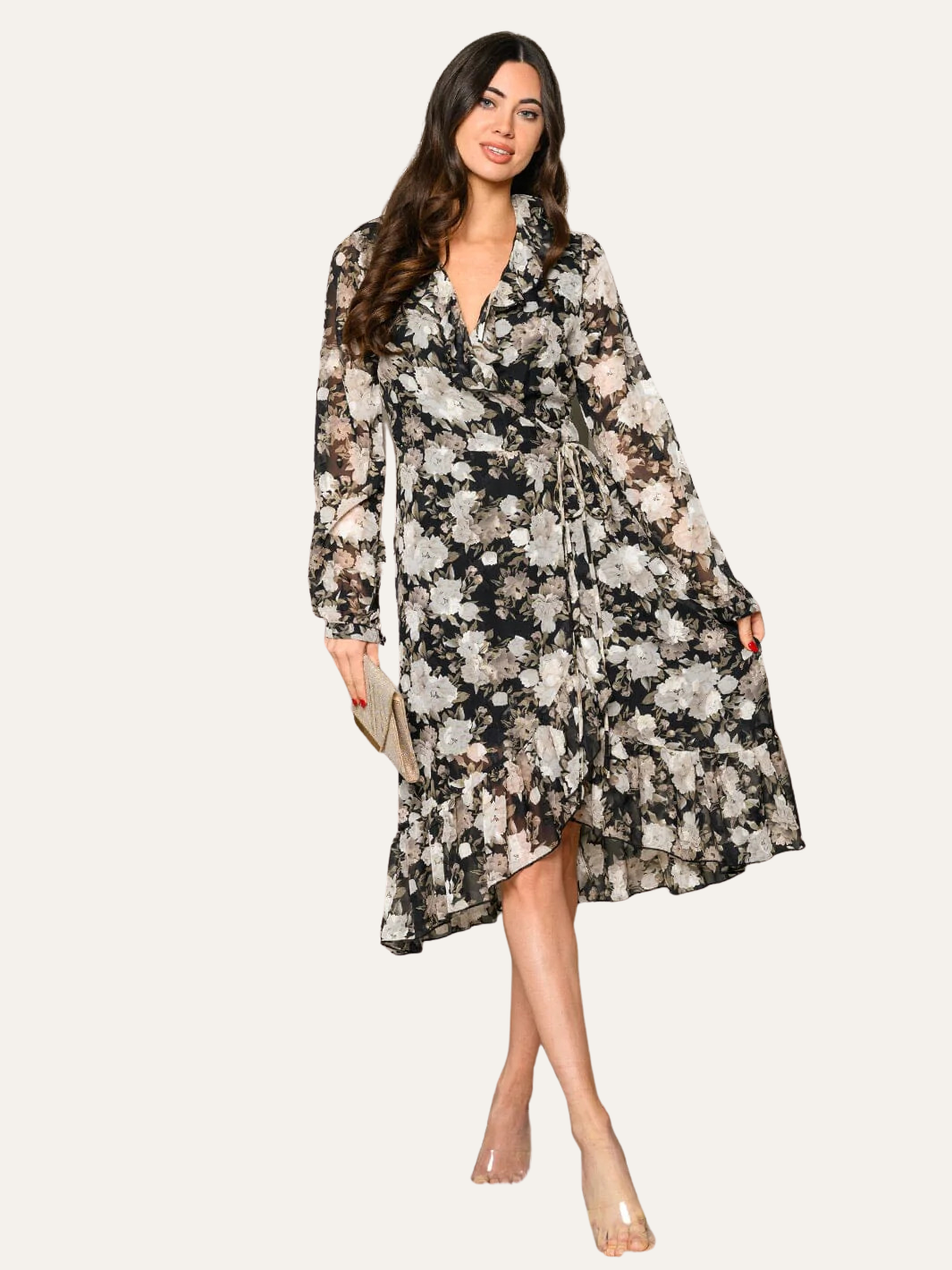 V-Neck Ruffle Floral Wrap Long Sleeve Midi Dress, Black/White