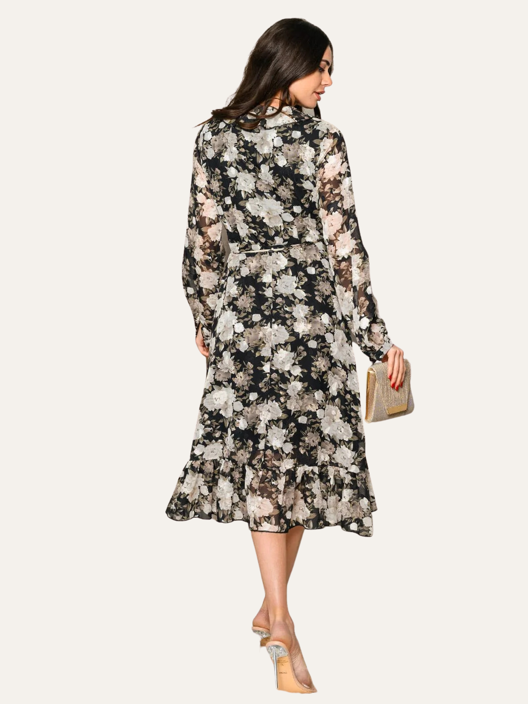 V-Neck Ruffle Floral Wrap Long Sleeve Midi Dress, Black/White