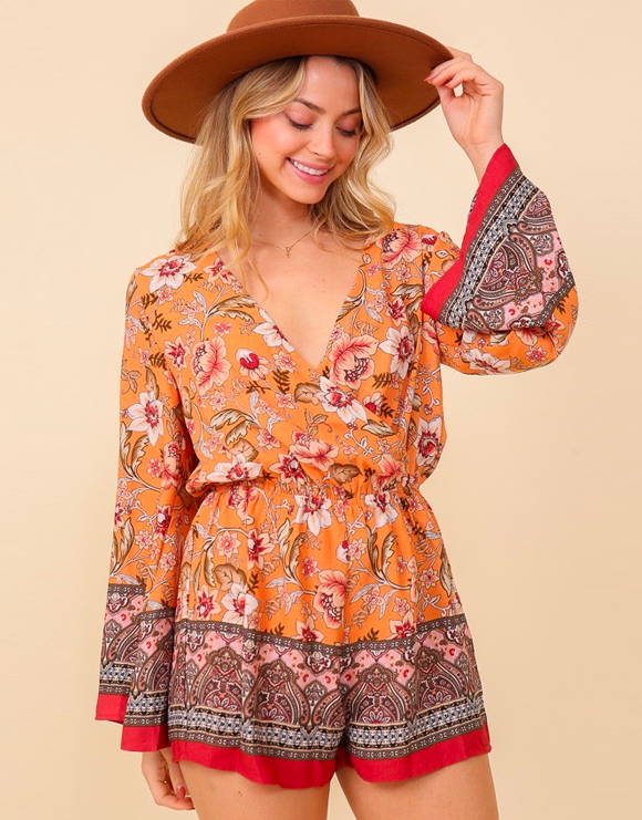 TIMING Boho Floral Print Long Sleeve Surplice Romper