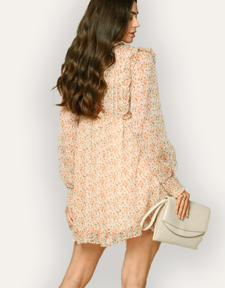 Long Sleeve V-Neck Floral Babydoll Mini Dress, Peach/Rust