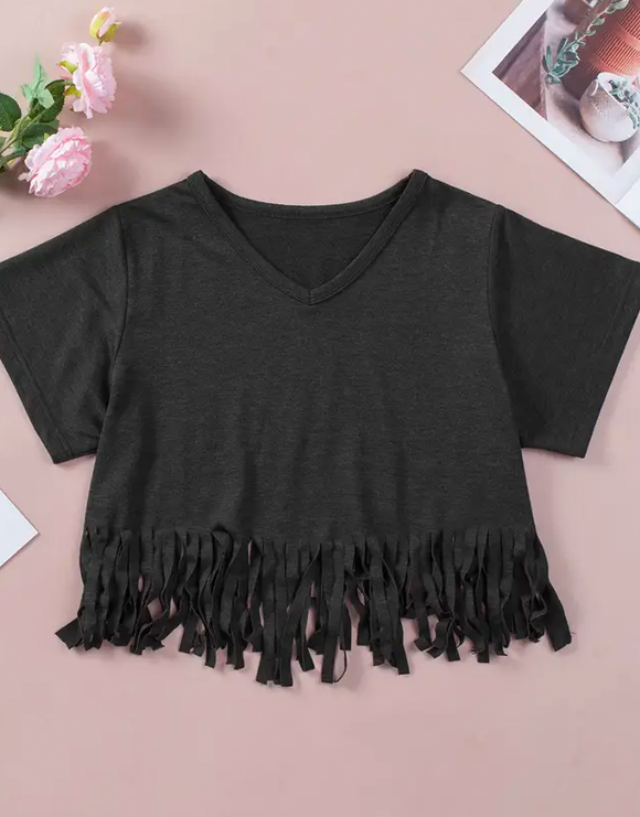 Fringe Hem V-Neck T Shirt, Charcoal