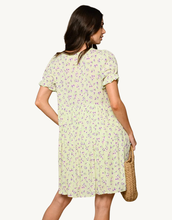 V-Neck Tiered Tunic Floral Mini Dress, Sage Green