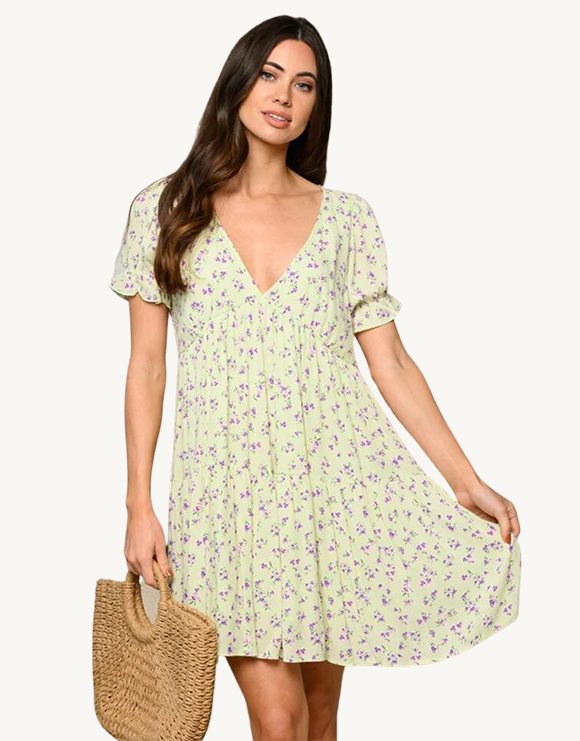 V-Neck Tiered Tunic Floral Mini Dress, Sage Green