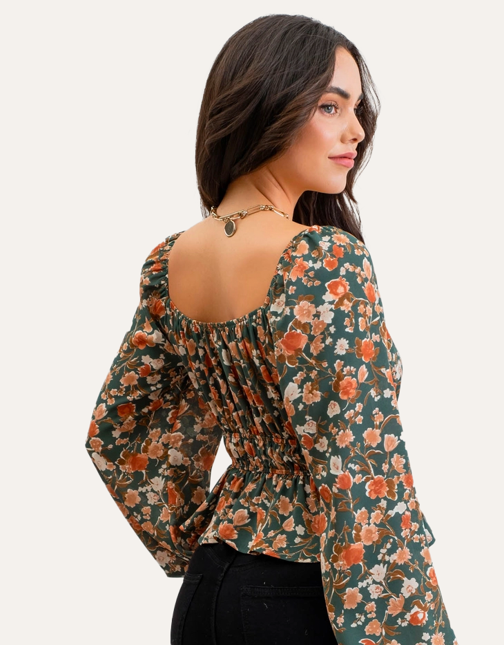 Blu Pepper Floral Smock Waist Long Sleeve Peplum Top, Green Floral