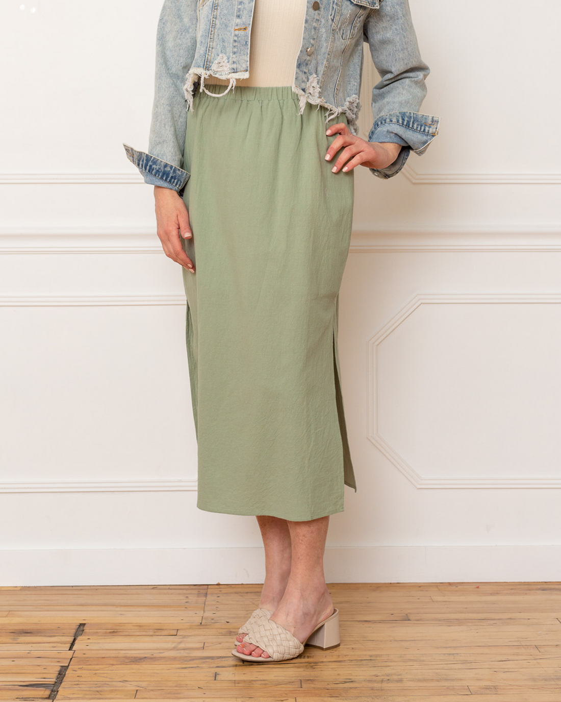 Side Slit Midi Skirt, Sage Green