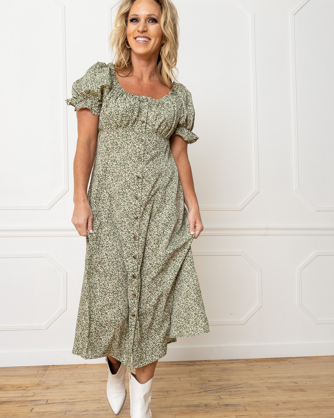 Peasant Puff Sleeve Button Up Floral Midi Dress, Green