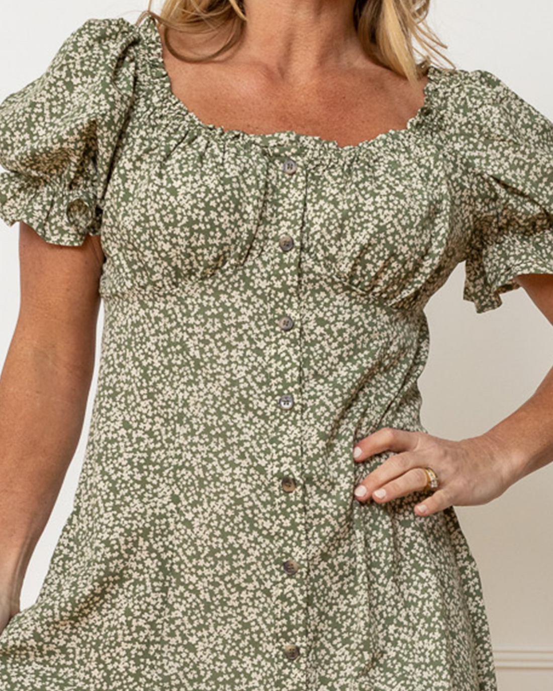 Peasant Puff Sleeve Button Up Floral Midi Dress, Green