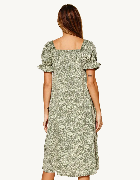 Peasant Puff Sleeve Button Up Floral Midi Dress, Green