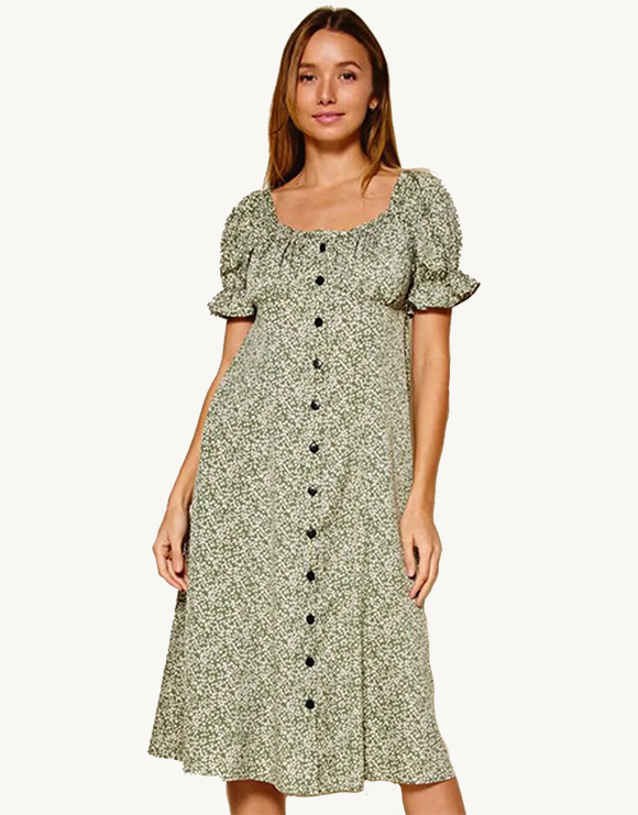 Peasant Puff Sleeve Button Up Floral Midi Dress, Green