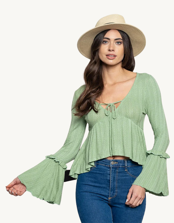 Bell Sleeve Tie Key Hole Knit Top, Green