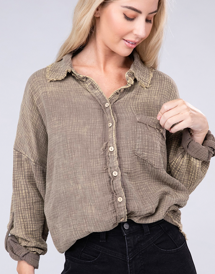 Zenana Washed Double Gauze Button Down Shirt