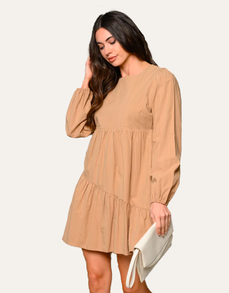 Women's Long Puff Sleeve Tiered Mini Dress, Camel