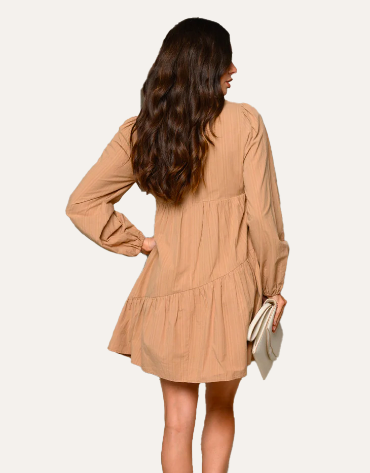 Women's Long Puff Sleeve Tiered Mini Dress, Camel