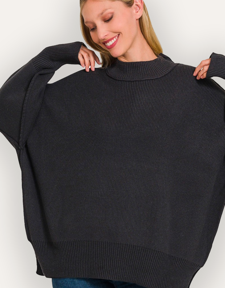 Zenana Side Slit Mock Neck Oversized Sweater