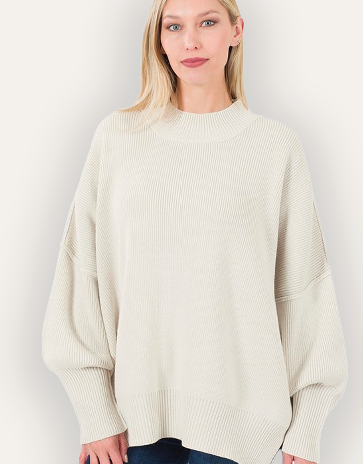 Zenana Side Slit Mock Neck Oversized Sweater