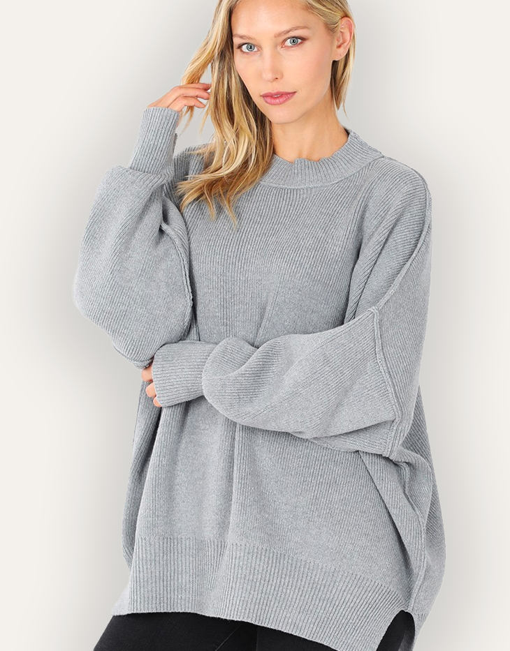 Zenana Side Slit Mock Neck Oversized Sweater