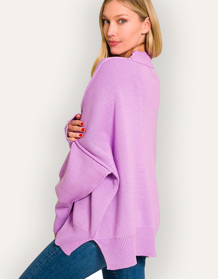 Zenana Side Slit Mock Neck Oversized Sweater