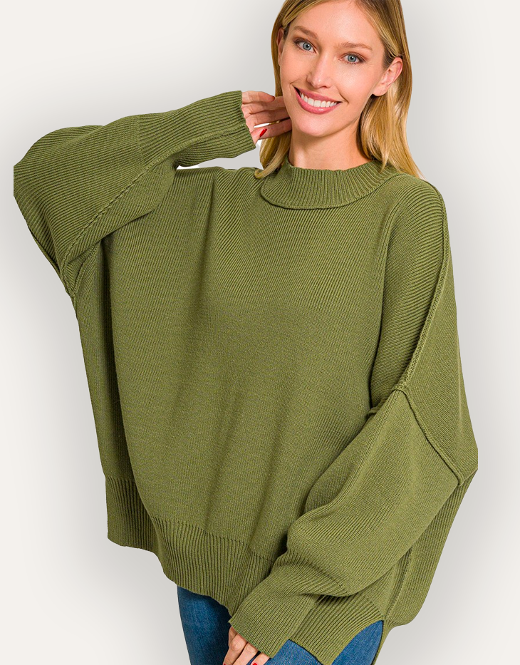 Zenana Side Slit Mock Neck Oversized Sweater