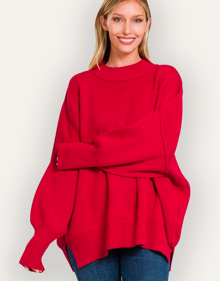 Zenana Side Slit Mock Neck Oversized Sweater