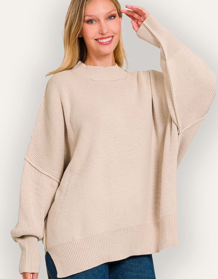 Zenana Side Slit Mock Neck Oversized Sweater