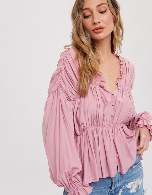 Bluivy Shirred Button Up Blouse, Dusty Pink