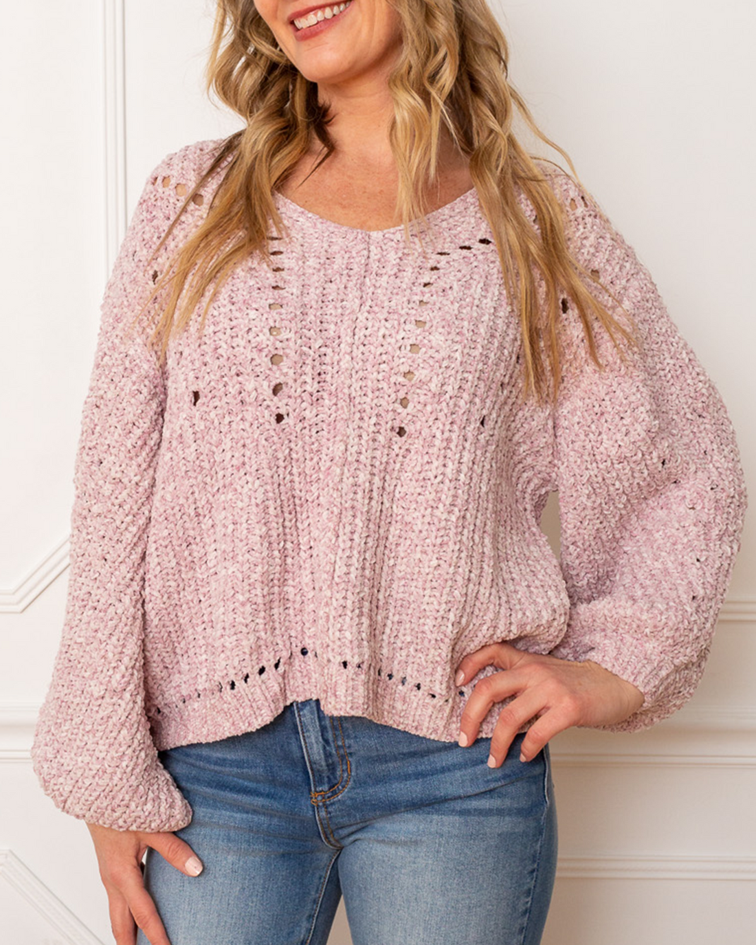 Oversized Chunky Chenille V-Neck Knit Sweater, Pink