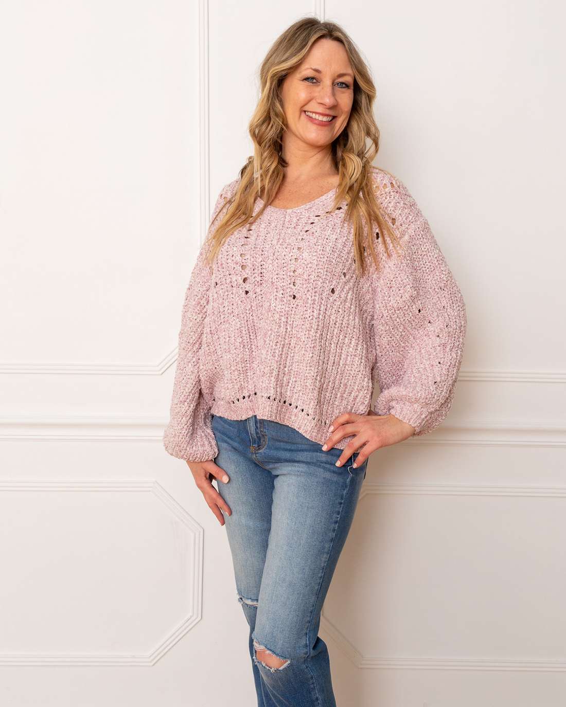 Oversized Chunky Chenille V-Neck Knit Sweater, Pink