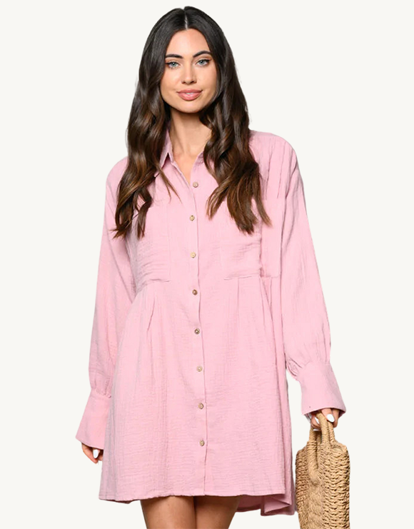 Button-Up Long Sleeve Mini Shirt Tunic Dress, Pink