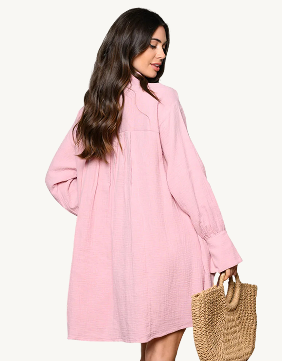 Button-Up Long Sleeve Mini Shirt Tunic Dress, Pink