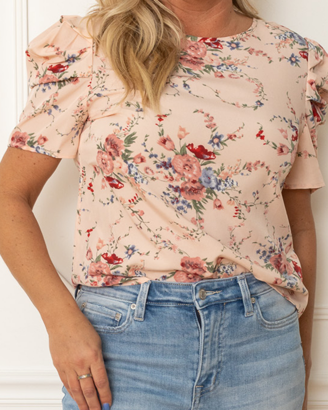 Floral Print Puff Short Sleeve Top with V-Back and Bow, Pink