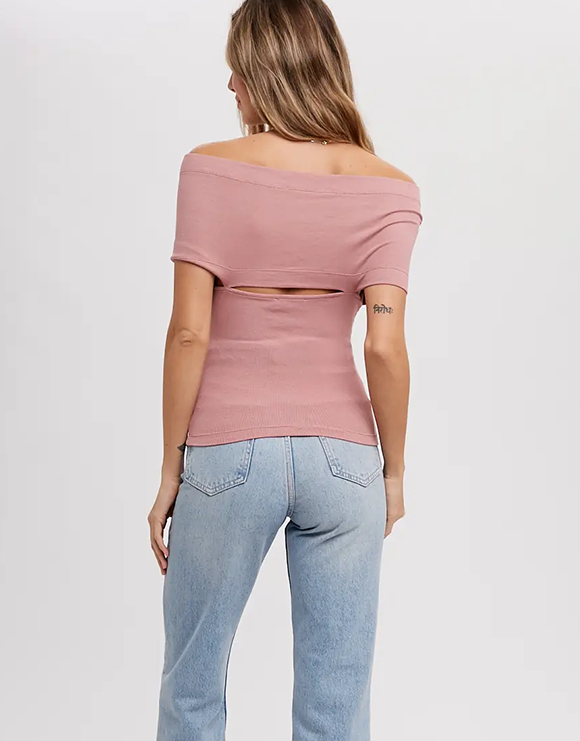 Bluivy Crossover Off Shoulder Knit Top, Dusty Pink