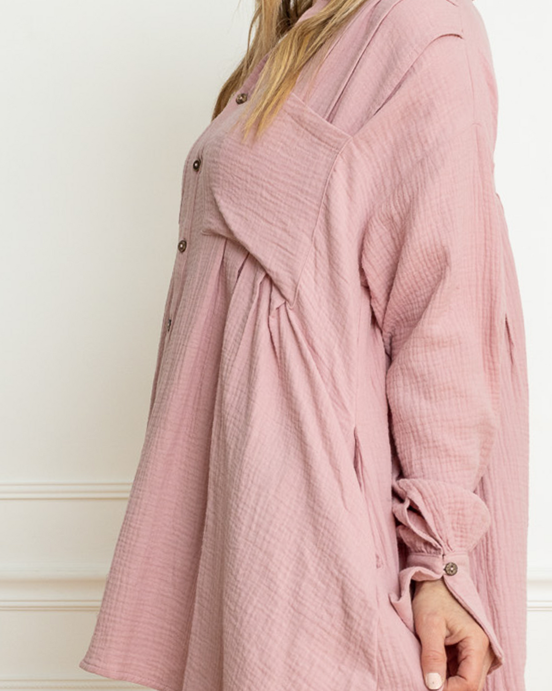 Button-Up Long Sleeve Mini Shirt Tunic Dress, Pink