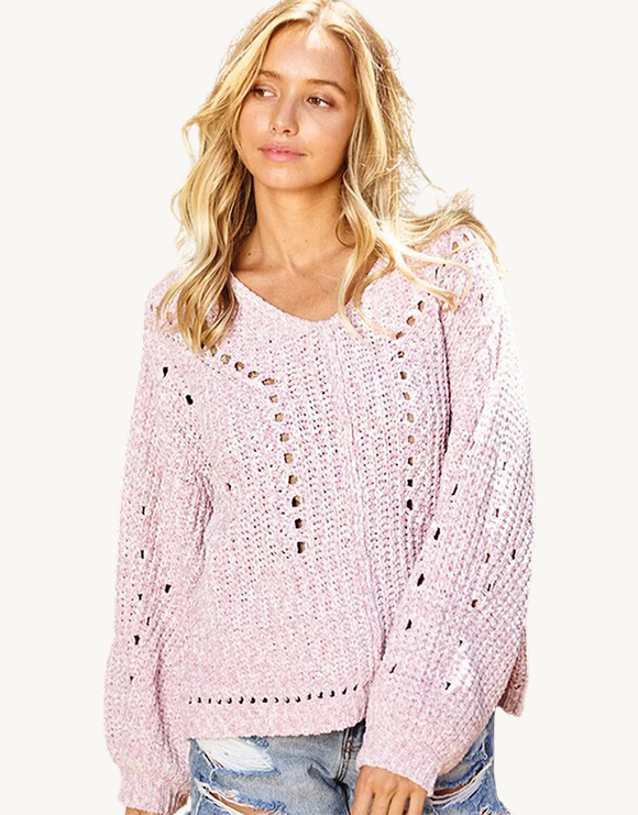 Oversized Chunky Chenille V-Neck Knit Sweater, Pink