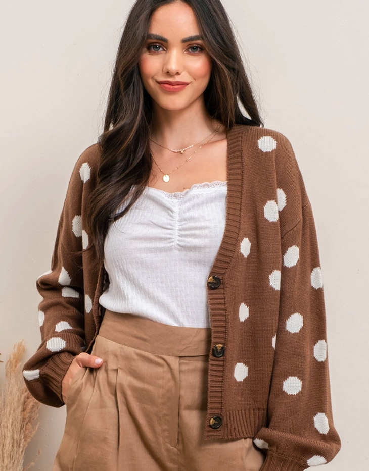 Blu Pepper Polka Dot Button Up Cardigan, Cocoa