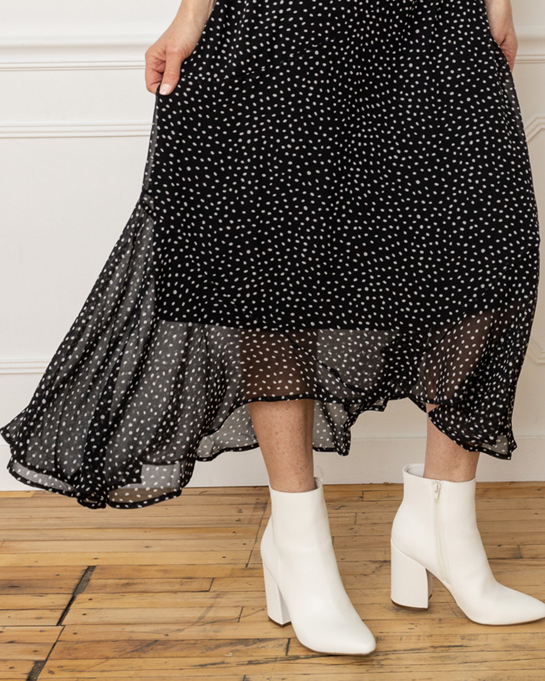 Zenana Polka Dot Print Hanky Hem Elastic Waist Midi Skirt, Black/White