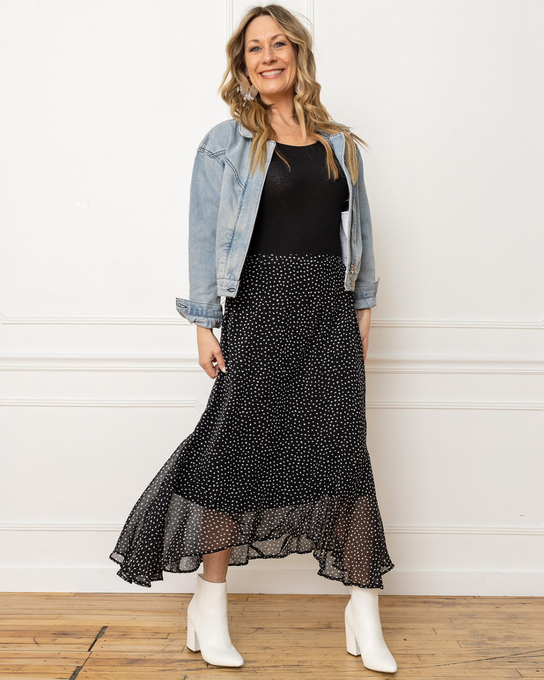 Zenana Polka Dot Print Hanky Hem Elastic Waist Midi Skirt, Black/White